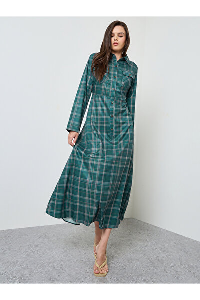 Take Two By Styli Dark Green Checked Long Sleeve Shirt Maxi Dress