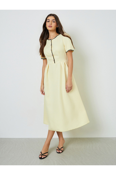 Take Two By Styli Yellow Ric-Rac Trim A-Line Midi Dress