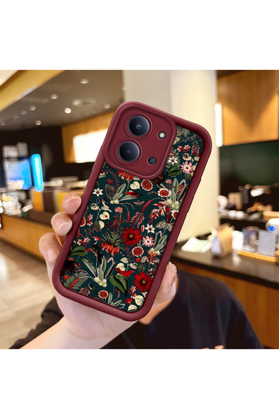 PATTERNOVA Redmi 15C 4G/5G Retro renkli yabani çiçek telefon kılıfı, bordo çe...