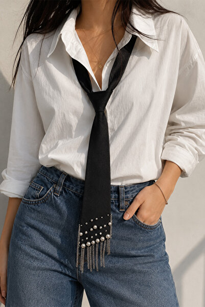 GRİİ WEAR Unisex Black Tie with Pearl and Chain Detail