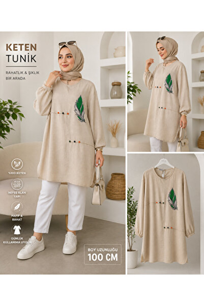 Genel Markalar Bej %100 Keten Tunik Tesettür Tunik 100 cm Günlük Rahat Yazlık...
