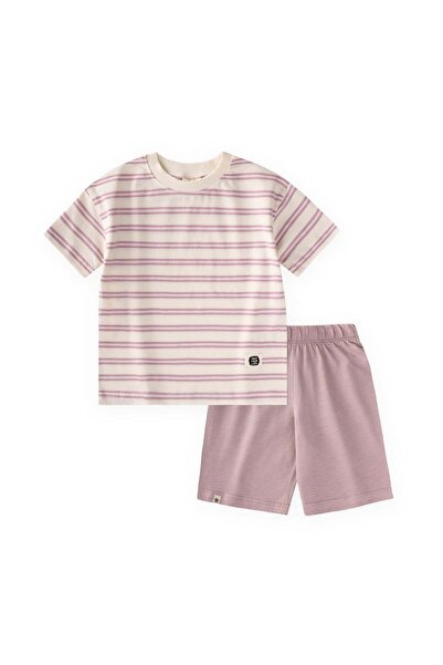 Cigit Striped Basic Capri Set 1-7 Years Lilac Striped