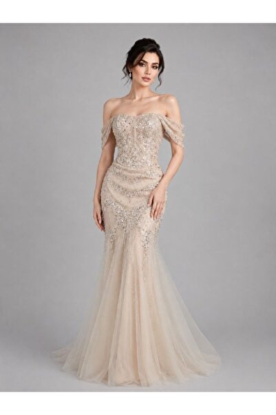 ranin Light Beige Evening Dress Tulle Beading Cloche Dress