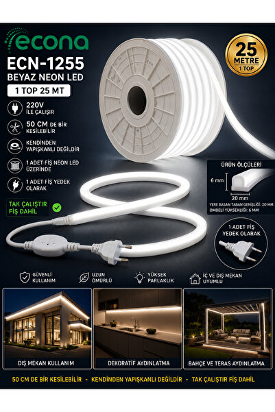 ECONA 25 Metre BEYAZ IŞIK 220v Neon Led Şerit Led, Çok Parlak, Kesilebilir, T...