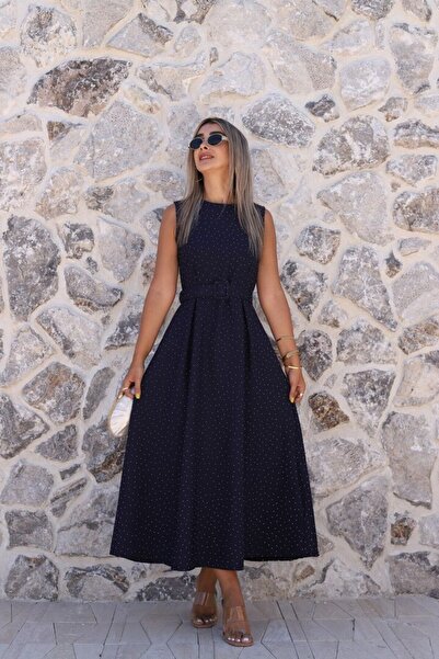 bytugcekaya Navy Blue Stone Belted Halter Flared Dress