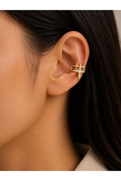 Bymiel Women's Gold Zircon Stone Cross Detailed Cartilage Earring (Ear Cuff)