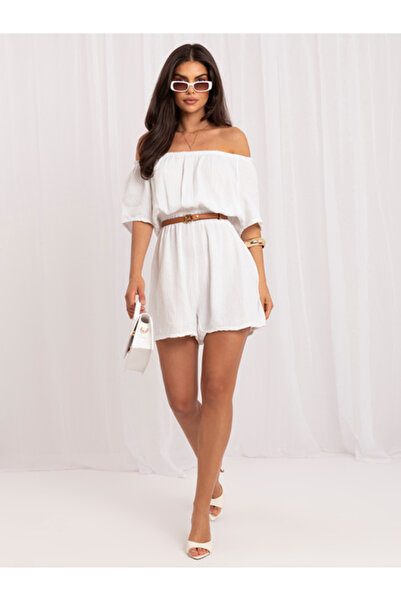 Italy Moda Women's Jumpsuit, ITALY MODA, Cotton, Short Sleeve, White, model M...