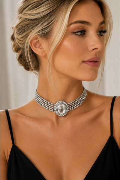 Valmont Kadın Silver Taşlı Choker Kolye – Çok Sıralı Zirkon Taşlı Zarif Abiye...