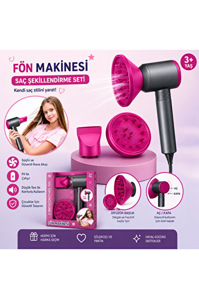 kruxon Çocuk Saç Şekillendirme Seti Pilli Oyuncak Fön Makinesi Difüzör ve Baş...