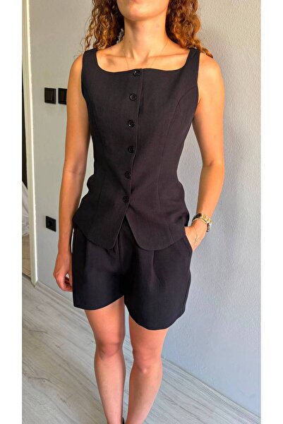 Niceboutique Strapped Buttoned Lined Square Collar Linen Vest