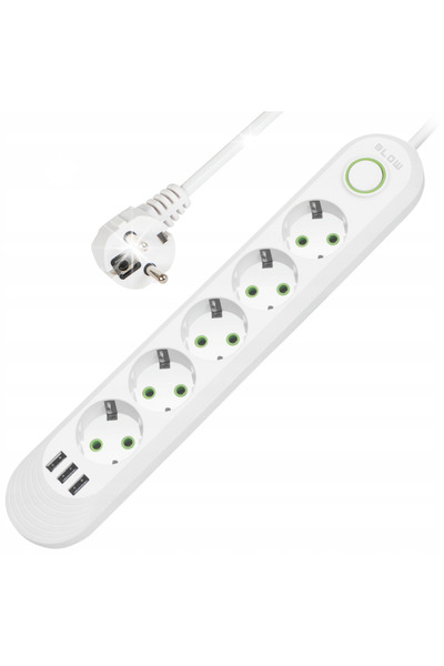 Blow Prelungitor cu întrerupător, 3x USB, 5 prize, 5m, alb, încărcător