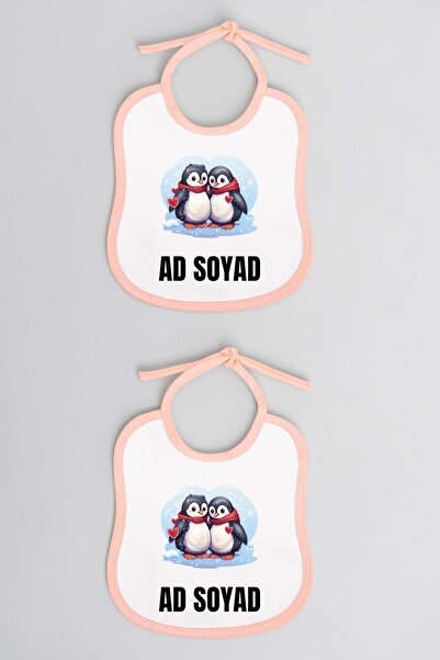lili hediyelik Penguin Printed 2-Piece Linen Pink Baby Bib - Baby Bib, Baby B...