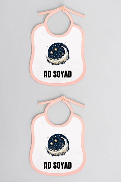 lili hediyelik Moon Printed 2-Piece Linen Pink Baby Bib - Baby Bib, Baby Bib,...