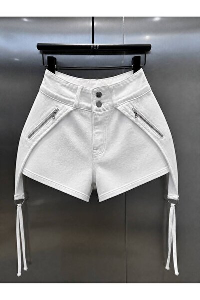 NİCE STYLE Women's Cord Detail Washable Pocket Zippered Jeans Shorts