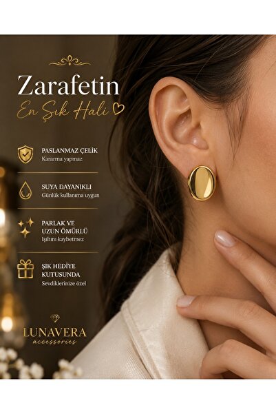 Kadın Gold Oval Metal Küpe Minimal Parlak Tasarım