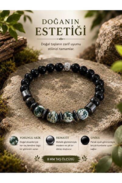Liacharm Natural Moss Agate, Onyx, and Hematite Stone Bracelet - 8 mm Protect...