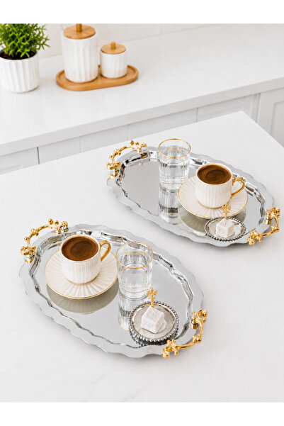 SUNVERA ÇELİK 2'li Paslanmaz Çelik Oval Sunum Tepsisi 20x26 cm Gold Lüks Kulp...