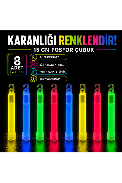 RBR 8 Adet Karışık 15 cm Fosfor Çubuğu Çok Renkli Glow Stick – Tek Kullanımlı...