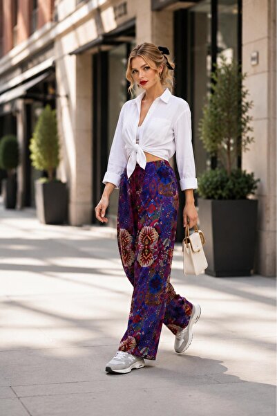 Bluewhs Women's 100% Woven Viscose Wide Leg Patterned Trousers with Elastic W...