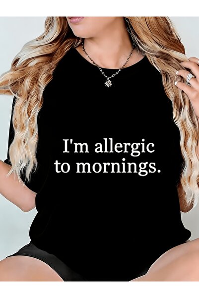 En22 تي شيرت نسائي بطبعة "Im Allergic to Mornings" مريح برقبة دائرية قابل للغ...