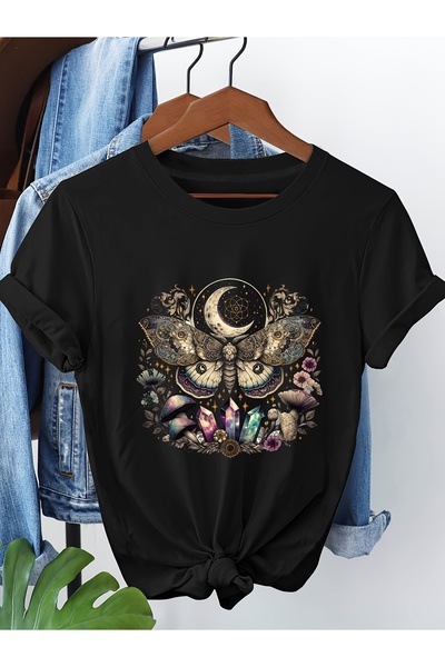 KYMC07 Mystical Moth Crystal Tee Graphic Print T-shirt, Short Sleeve Crew Nec...