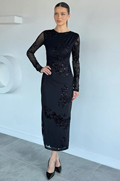 Aryena Black Women's Flock Printed Draped Evening Dress