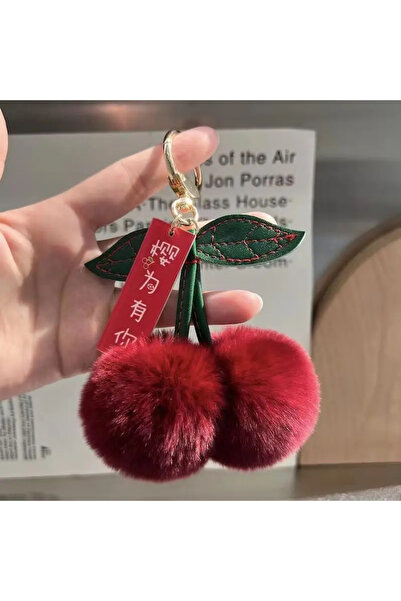 Choice red Adorable Plush Fluffy Red Rabbit Fur Pom Pom Leaf Keychain Cherry ...