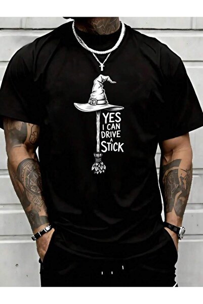 En22 تي شيرت بطباعة 'Yes I Can Drive A Stick' وقبعة ساحرة ومكنسة، للرجال والن...