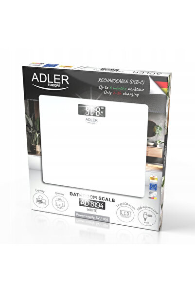 Adler Europe Cântar de baie electronic precis, 180 kg, din sticlă, alb, subți...