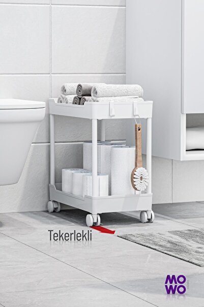 Mikasso Mowo 2 Katlı Tekerlekli Banyo Rafı, Tuvalet Kağıtlık, Havluluk, Deter...