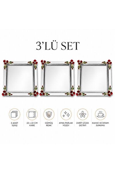 Turkco Luxury Floral Motif Silver Square Presentation Tray 22X22 cm Promise E...
