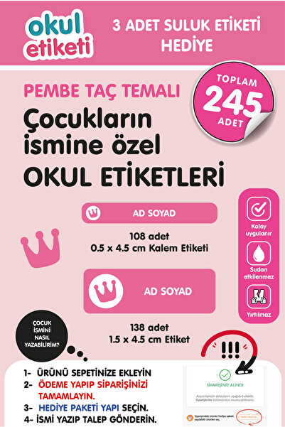OKUL ETİKETİ BASKI OKUL ETİKETİ PEMBE TAÇ TEMALI MİDİ PAKET İSME ÖZEL OKUL ET...