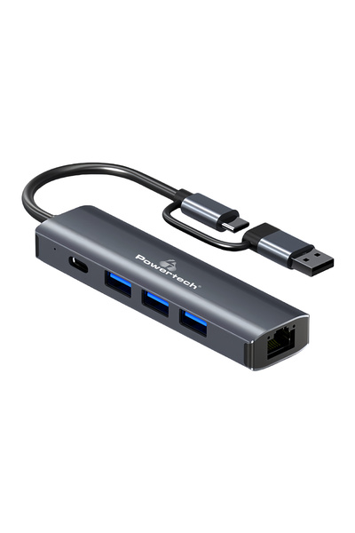 POWERTECH USB hub PTR-0150 με θύρα δικτύου, 4 θυρών, USB & USB-C, γκρι