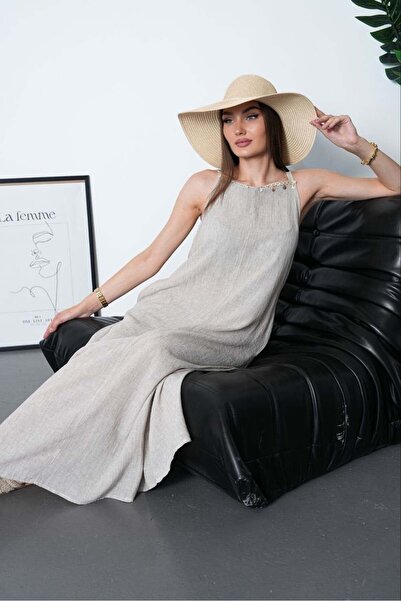 Elaxi Women's Strappy Linen Maxi Dress with Bead and Shell Detail