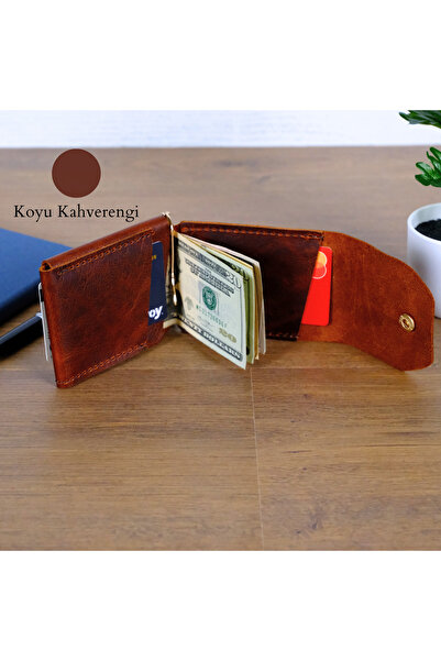 Leather Anatolia El Yapımı Hakiki Deri Klipsli Erkek Cüzdan, Çıtçıtlı Minimal Tasarım Kartlık Para Bölmeli, İsim Baskılı