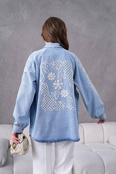 Moda Neval Kadın İnci Detaylı Kot Kimono Ceket