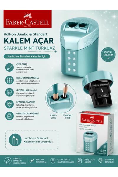 Faber Castell Roll-On Jumbo ve Standart Kalem Açar Kalemtıraş Sparkle Mint Tu...
