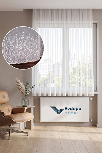 Evdepo Home Eteği Nakışlı Ekru Ütü İstemez Petek Üstü Kısa Tül 1'e 2.5 Normal...