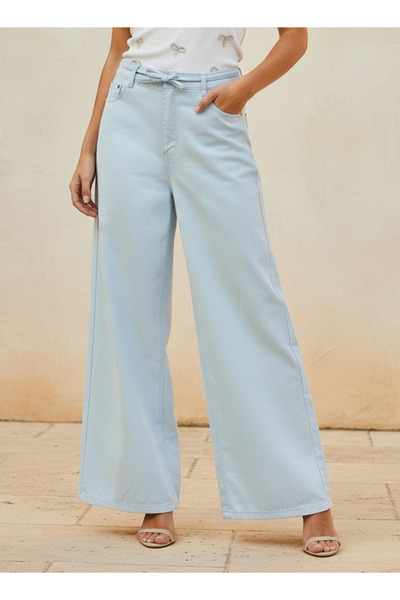 DNM Wide Leg Mid-Rise Jeans with Tie-Up Detail