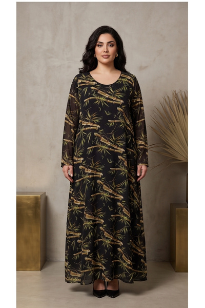 gökçesu Women's Plus Size Long Sleeve Lined Flowy Flounce Maxi Long Chiffon D...