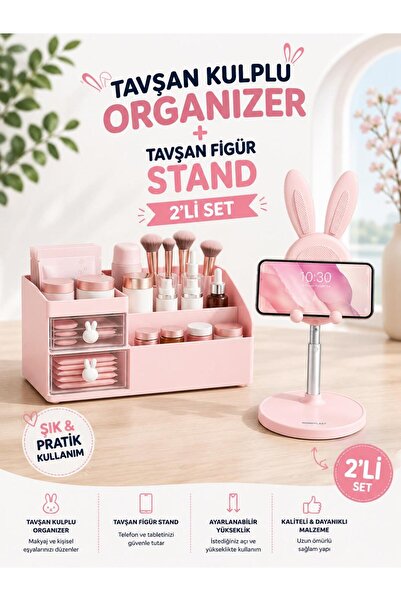 Galeriyo Tavşan Kulplu Makyaj Organizeri & Tavşan Figürlü Telefon Tablet Stan...