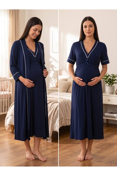 Lohussa New Season Navy Blue Ribbed Design with Breastfeeding Feature Short S...