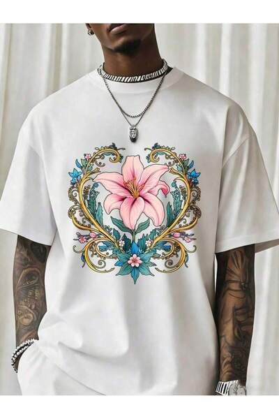 Ekim11 Floral Lily Design Black T Shirt Men Fashion Graphic Tee Artistic Flow...
