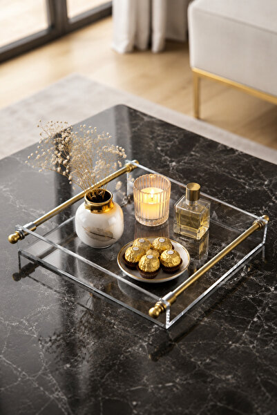 BERMİRA Home Collection Kristal Mika Sunum Tepsisi - Pirinç Kaplama Metal Kul...