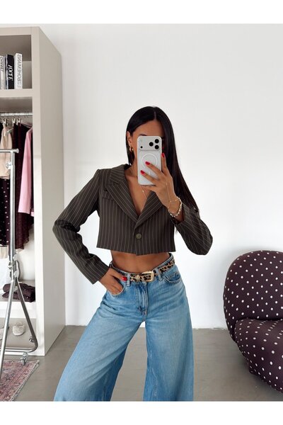 myd Striped Crop Jacket - Khaki