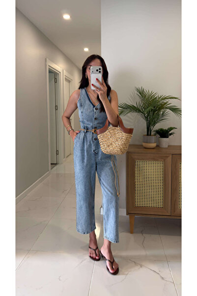 BİRCANÇİL Benisra Snow Washed Sleeveless Straw Drawstring Jumpsuit