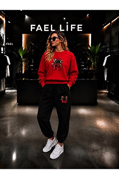 FAEL LİFE Unisex Wide Cut Zero Neck and Sweatpants Set with Cherry Ribbon Print