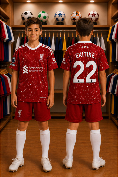 Selvira Liverpool 2025-2026 Çocuk İç Saha Forması Şort Takımı – Ekitike 22 Er...