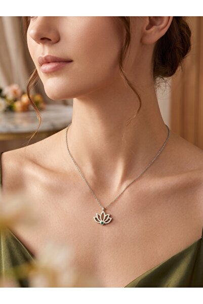 Kişiye Özel Doğum Taşlı Lotus Kolye Silver Renk 925 Ayar Gümüş