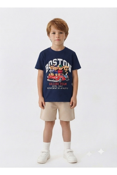 LİTTLE TORTOİSE Boys' Boston Printed Crew Neck T-Shirt and Shorts Set